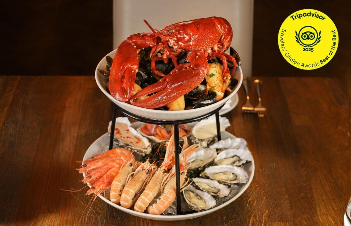 Seafood Tower featuring Irish lobster, prawns, oysters, mussels in SOLE Restaurant Dublin